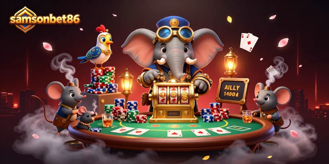 Engage with samsonbet86 at immersive casino, featuring a steampunk elephant handling a slot machine.