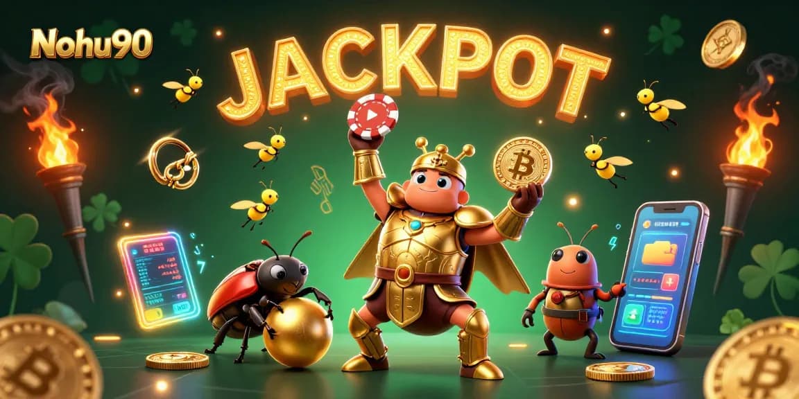 Nohu90 showcases a victorious beetle and jackpot theme with vibrant casino elements.