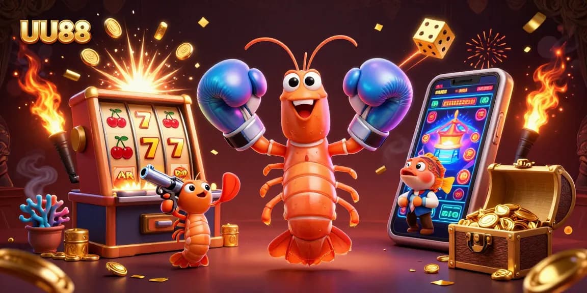 UU88 showcases an exciting casino adventure featuring vibrant characters amidst a jackpot explosion.
