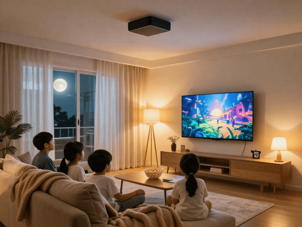 خرید اسپیکر سقفی for immersive home entertainment experience with family enjoying movie night.