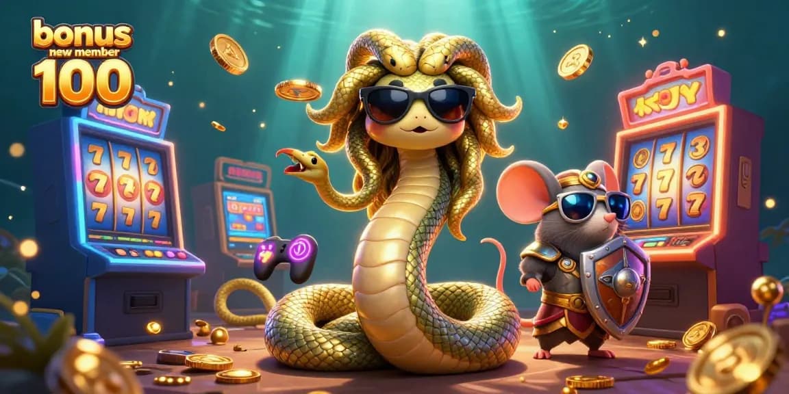 Engage with bonus new member 100 in a vibrant casino scene featuring Medusa and arcade machines.