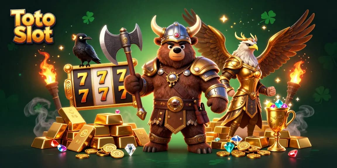 Toto Slot menghadirkan Viking bertarung di kasino dengan slot berputar dan tumpukan koin emas.