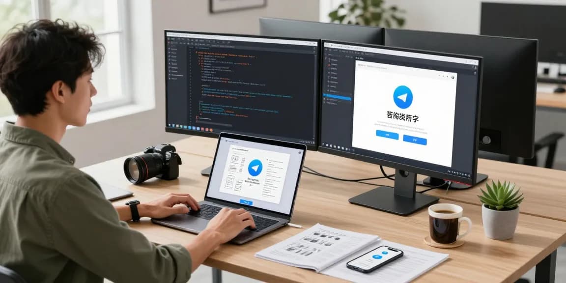 Setting up the Telegram app in Chinese language with a developer at a modern workspace.