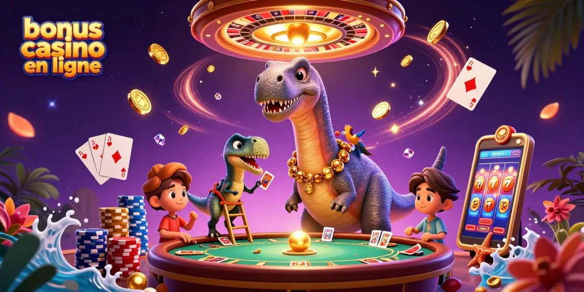 Illustre une scène de casino dynamique avec le bonus casino en ligne, mettant en vedette un brontosaure 3D et un croupier raptor.