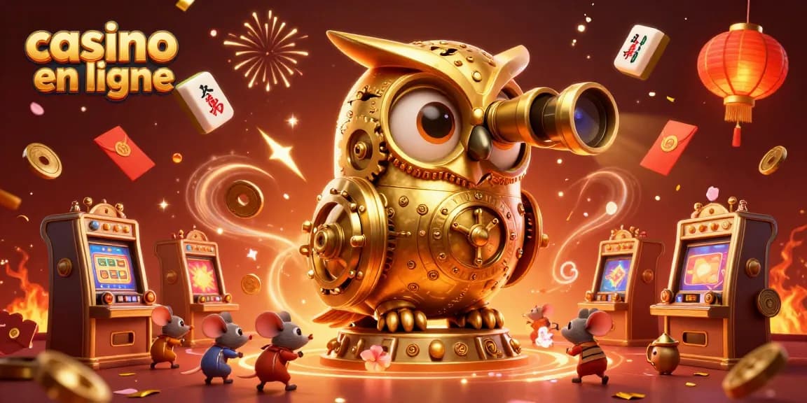Venez découvrir le casino en ligne avec une illustration dynamique du hibou doré et des petits souris animées.