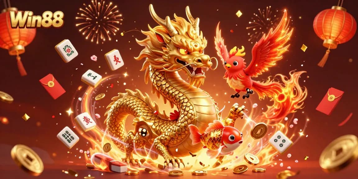 Win88 captures the excitement of gaming with glowing dragons, vibrant colors, and dynamic casino elements.