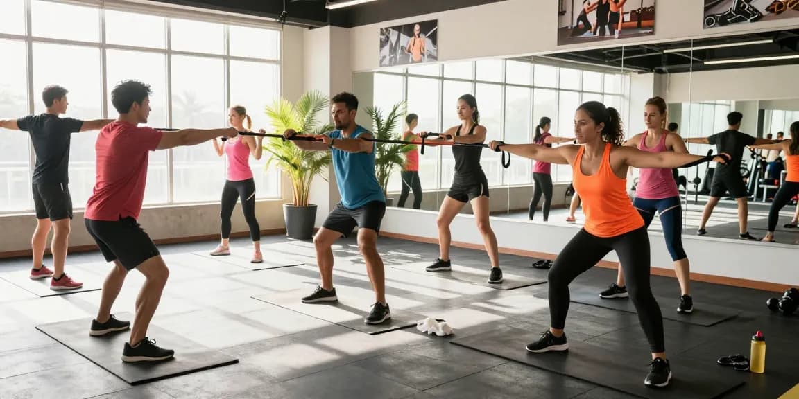 Trainers collaborating in a modern gym workout, showcasing fitness enthusiasm at Deus Medical Shop.