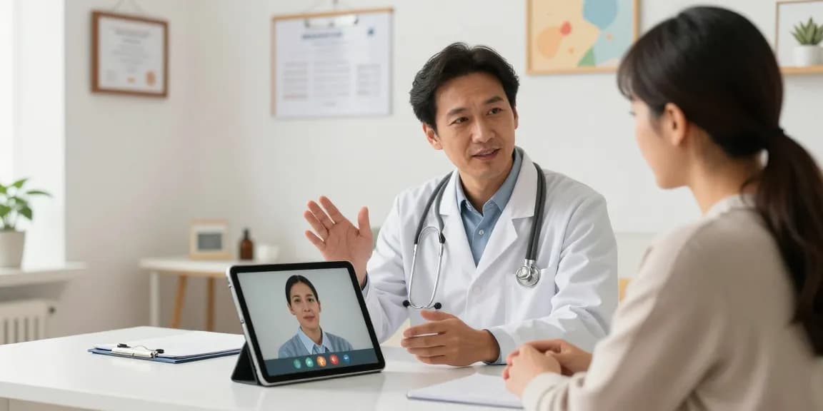 ACA plans and telehealth services in a modern healthcare setting with a doctor consulting a patient through video call.
