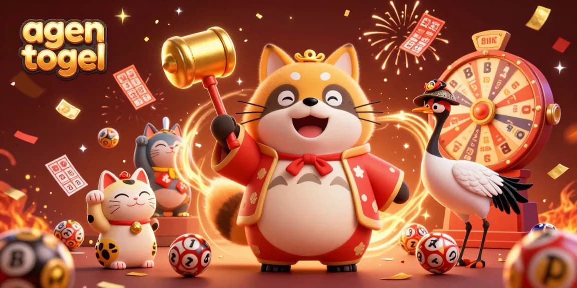 Engage in thrilling agen togel activities with a joyful tanuki, vibrant lottery elements, and festive atmosphere.
