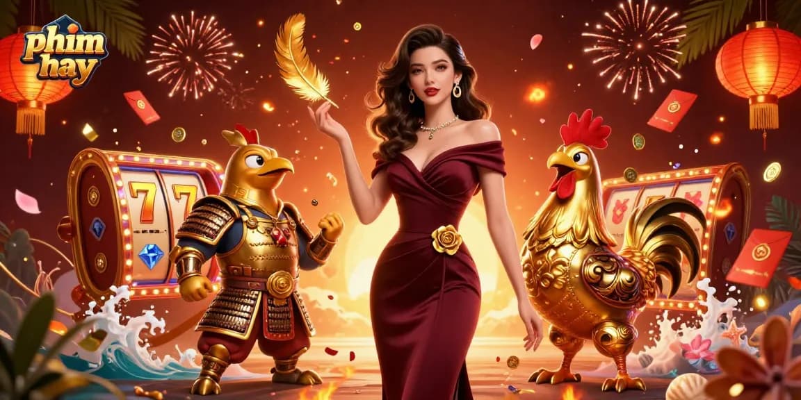 Experience thrilling moments with phim hay as a glamorous woman and golden rooster celebrate luck in a vibrant casino.