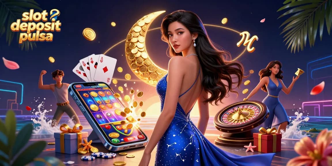 Engage with slot deposit pulsa games in a vibrant casino-themed illustration showcasing dynamic gaming elements.