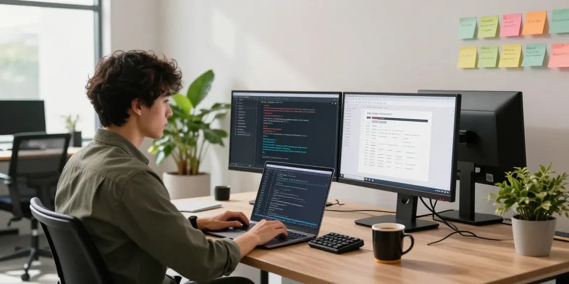Engaged programmer working on 纸飞机中文版 in a bright and modern office environment, surrounded by tech tools and design elements.