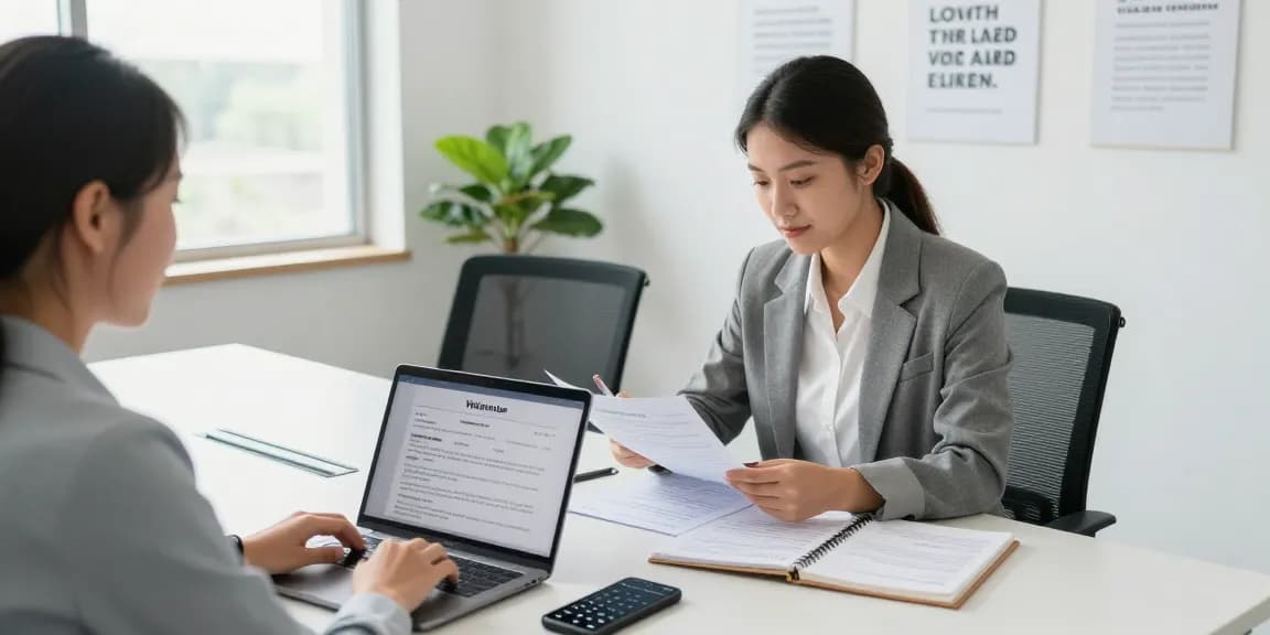 Complete job hunting guide with job seeker preparing for interviews in a modern office.