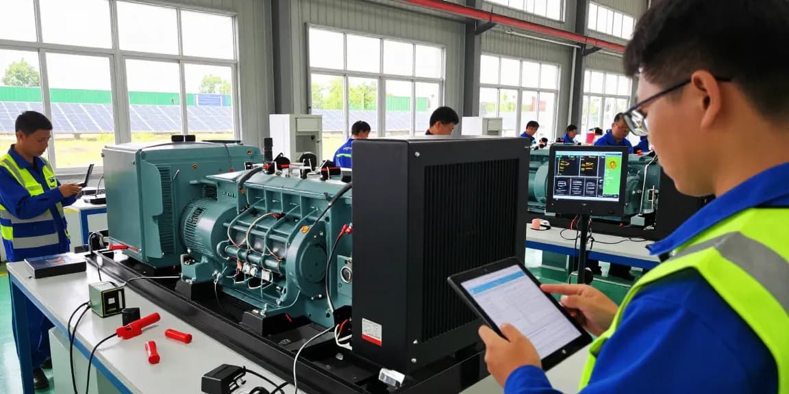 Huaquan Power technicians assembling advanced generator sets in a bright industrial facility.