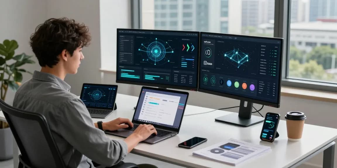快连 app interface on a laptop in a modern tech workspace with vibrant city views.