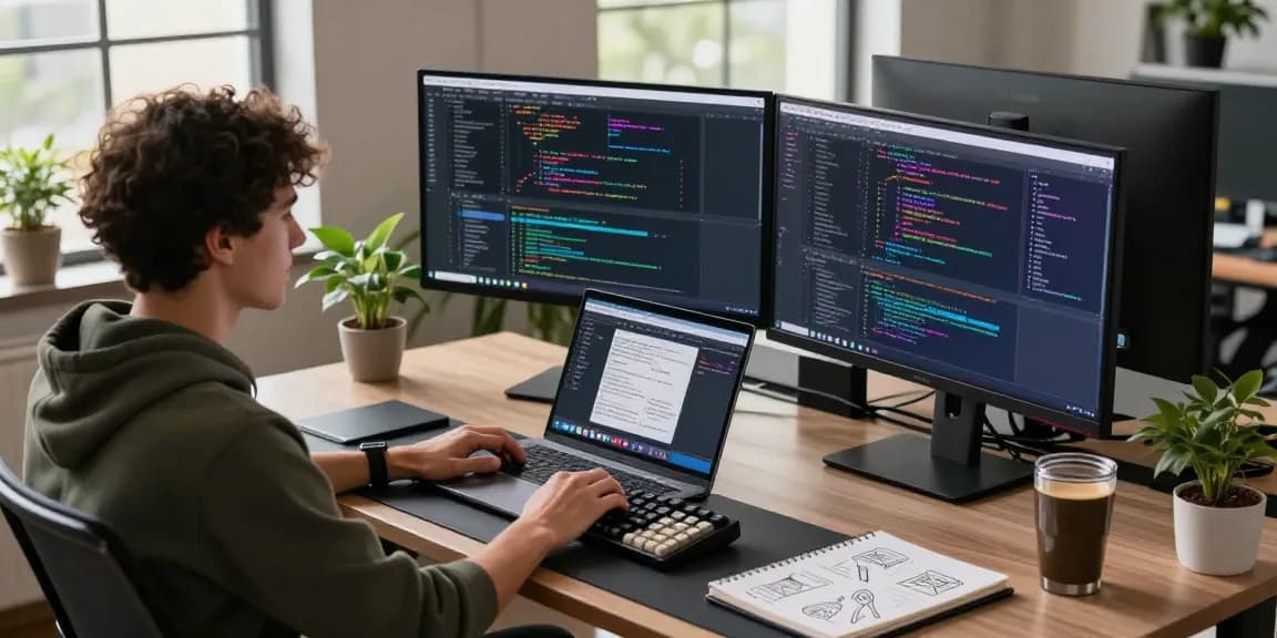 Developer coding in Chinese language on Telegram interface at modern workspace, showcasing tech ambiance and productivity.