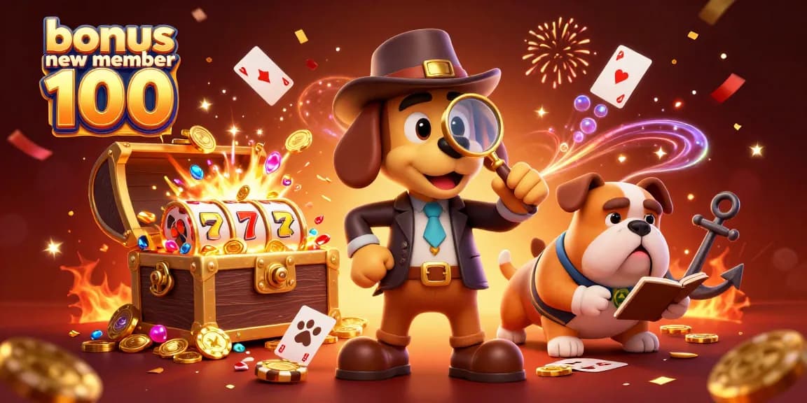 Check out the bonus new member 100 promotion with vibrant casino-themed illustration.