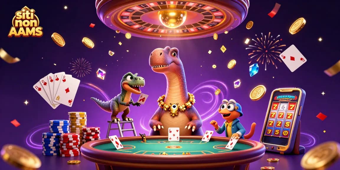Mischia di emozioni nei siti non AAMS con un brontosauro che osserva incredulo un tavolo da poker.