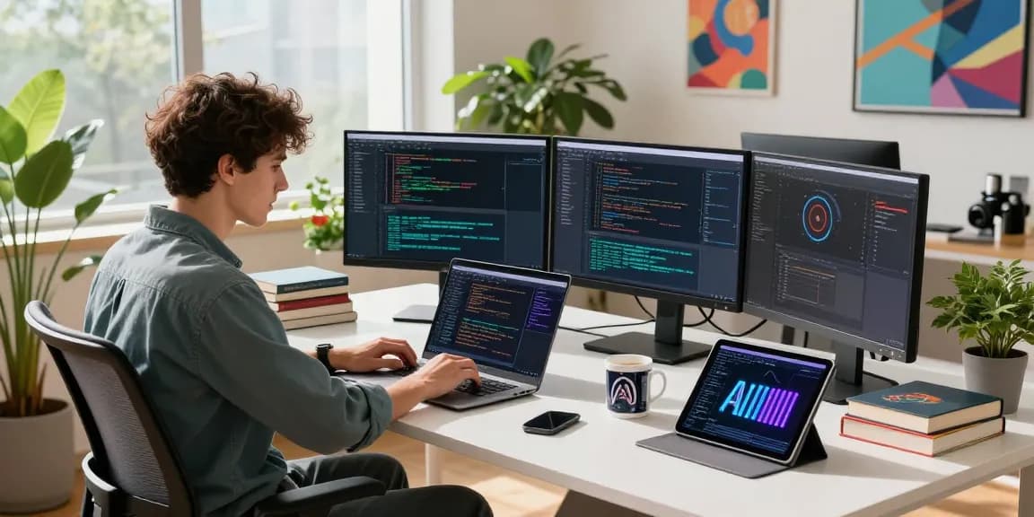 Young developer coding crush ai algorithms in a modern workspace with vibrant plants and tech gadgets.