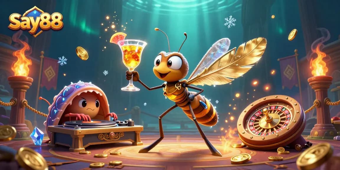 Experience thrilling gameplay with say88 amidst a vibrant 3D casino scene featuring animated characters and rich elements.