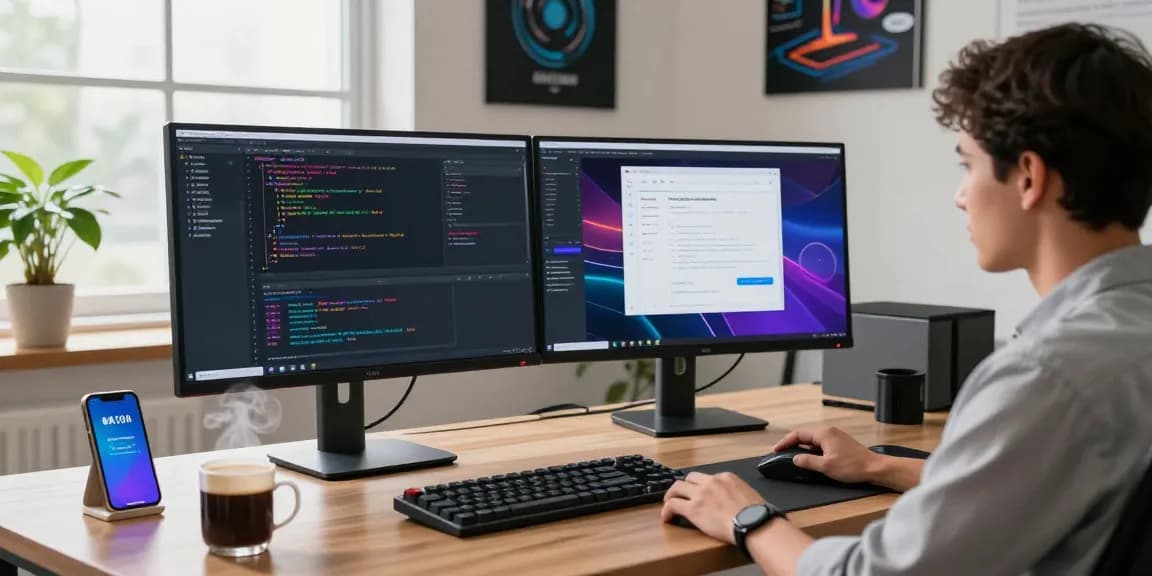 快连 software environment with a developer coding on dual monitors, enhancing productivity and creativity in a modern tech workspace.