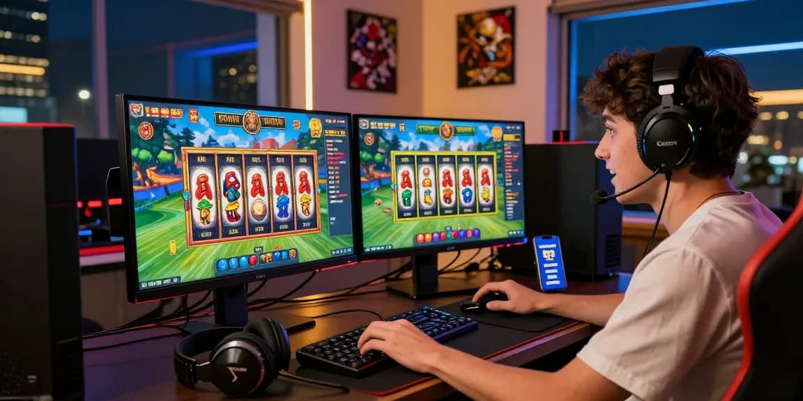 Exciting online gaming experience at raja328masuk.com with vibrant setup and player focused on slots.