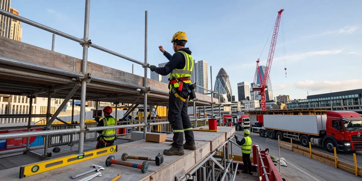 Skilled scaffolder working on commercial scaffolding in London, showcasing safe practices and quality in Commercial Scaffolding London.