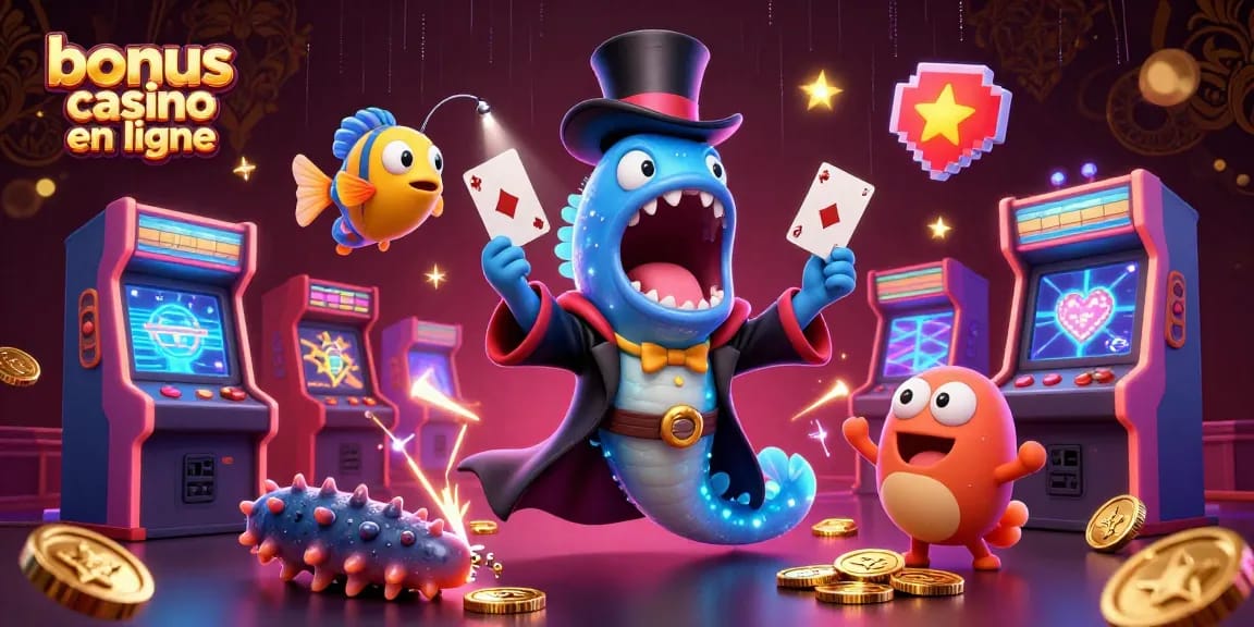 Découvrez le bonus casino en ligne avec une scène vibrante de créatures marines mémorables et des éléments de jeu.