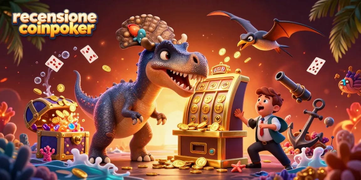 Giocando a CoinPoker, il pachicefalosauro sbatte contro la slot machine mentre l'ankilosauro supervisiona e il pteranodonte raccoglie monete dorate.