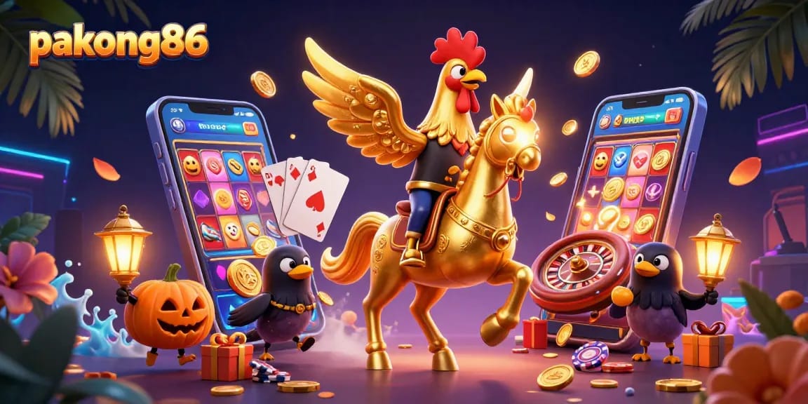 Experience vibrant slot action with pakong86's golden rooster in a dynamic casino scene.