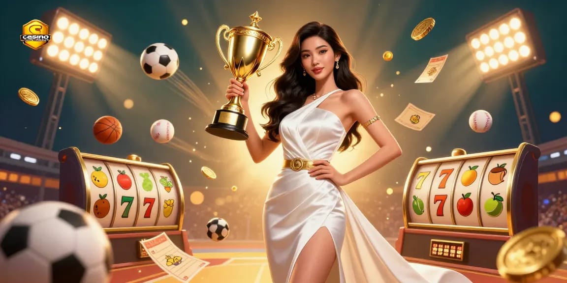 Vivez des jeux palpitants au casino en ligne avec un joueur victorieux tenant un trophée et entouré d'éléments de jeu colorés.