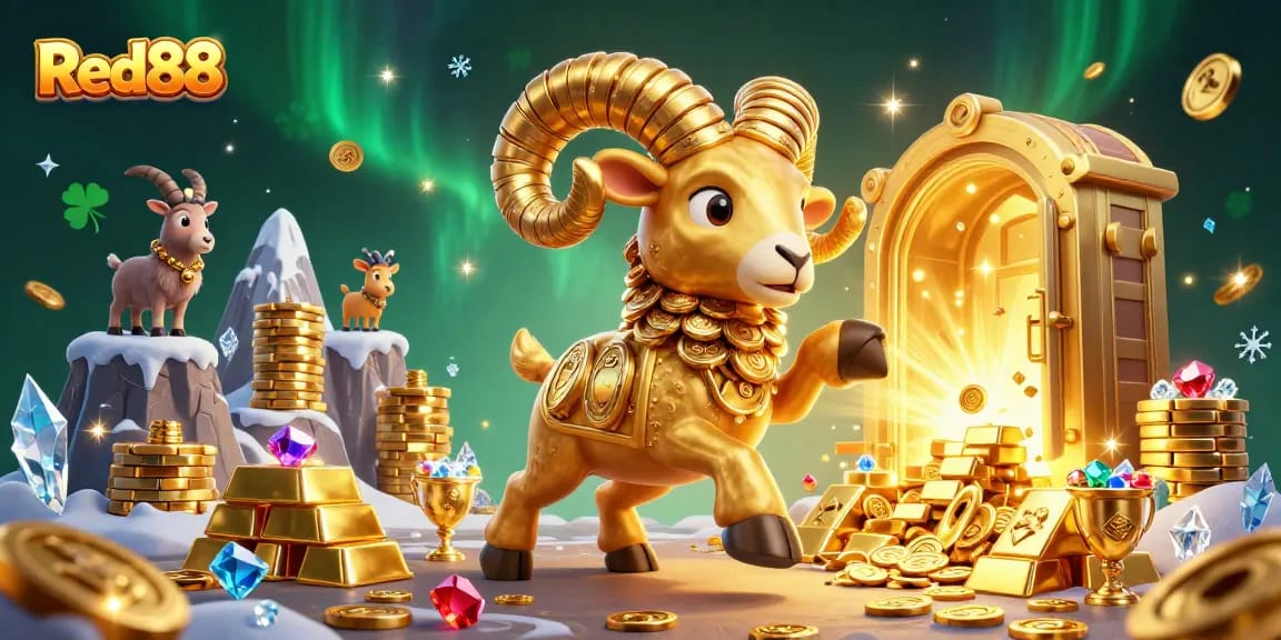 Experience thrilling wins at Red88 with a massive golden ram charging through golden gates