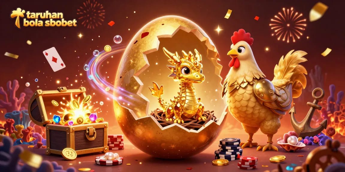 Enjoy thrilling taruhan bola sbobet action with a golden dragon and poker chips in a vibrant, celebratory scene.