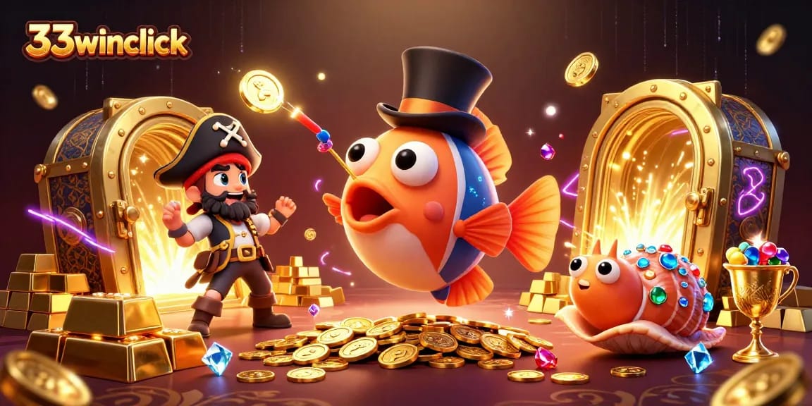 33winclick's vibrant 3D illustration showcasing winning moments from casino games with rich graphics.