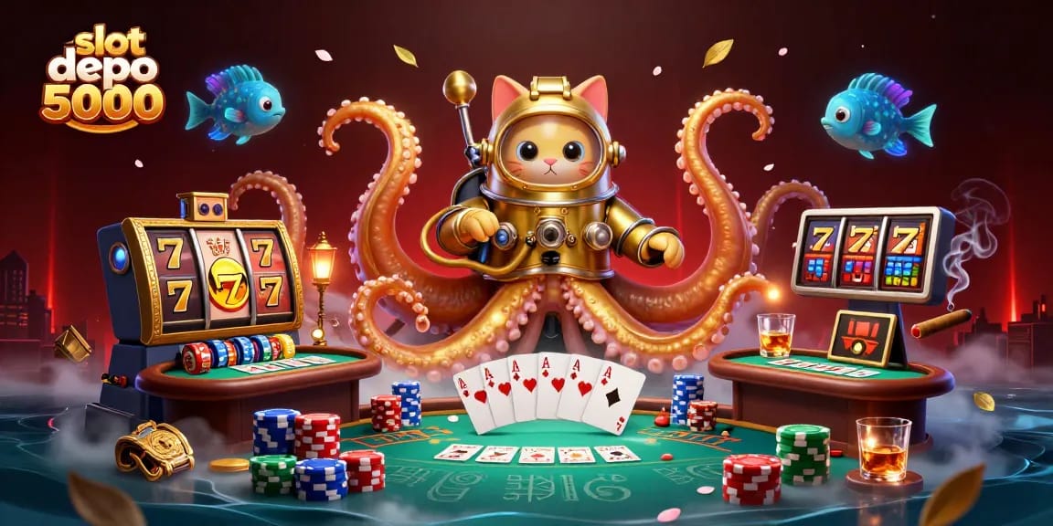 Experience thrilling gameplay with slot depo 5000 featuring a kraken, diving cat, and vibrant slots.