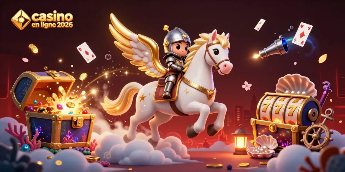 Découvrez les jeux de casino en ligne 2026 avec une scène dynamique, incorporant chevaux, trésors et cartes.
