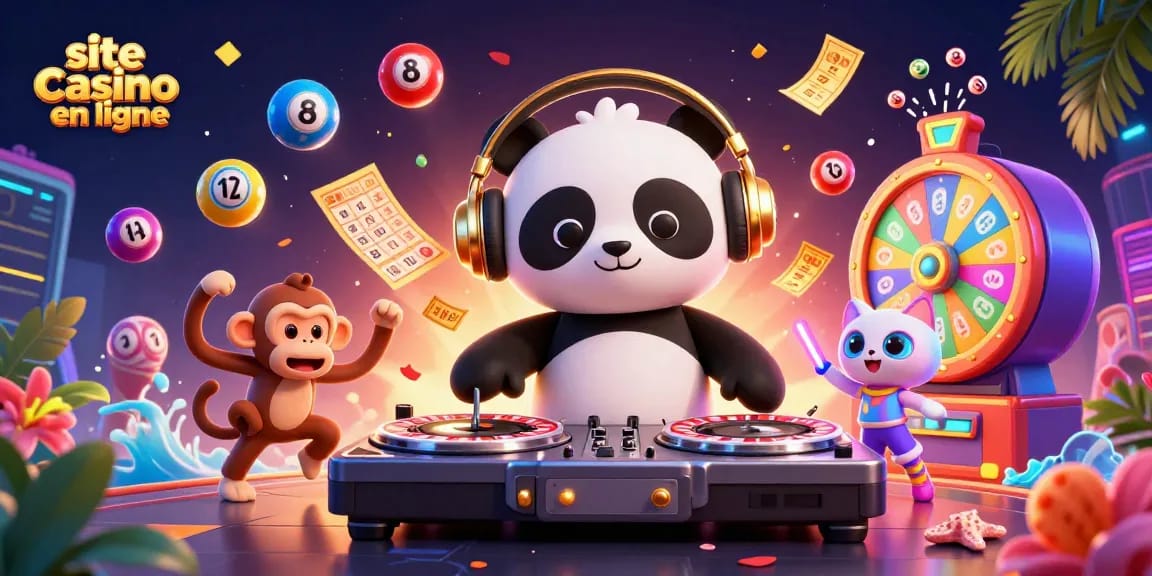 Plongez dans l'univers vibrant de site casino en ligne avec un panda DJ et ses amis animés.