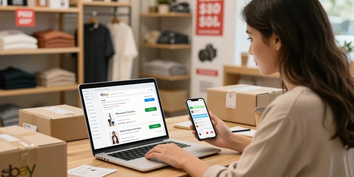 Buy eBay accounts securely online with a professional shopper in a modern retail setup.