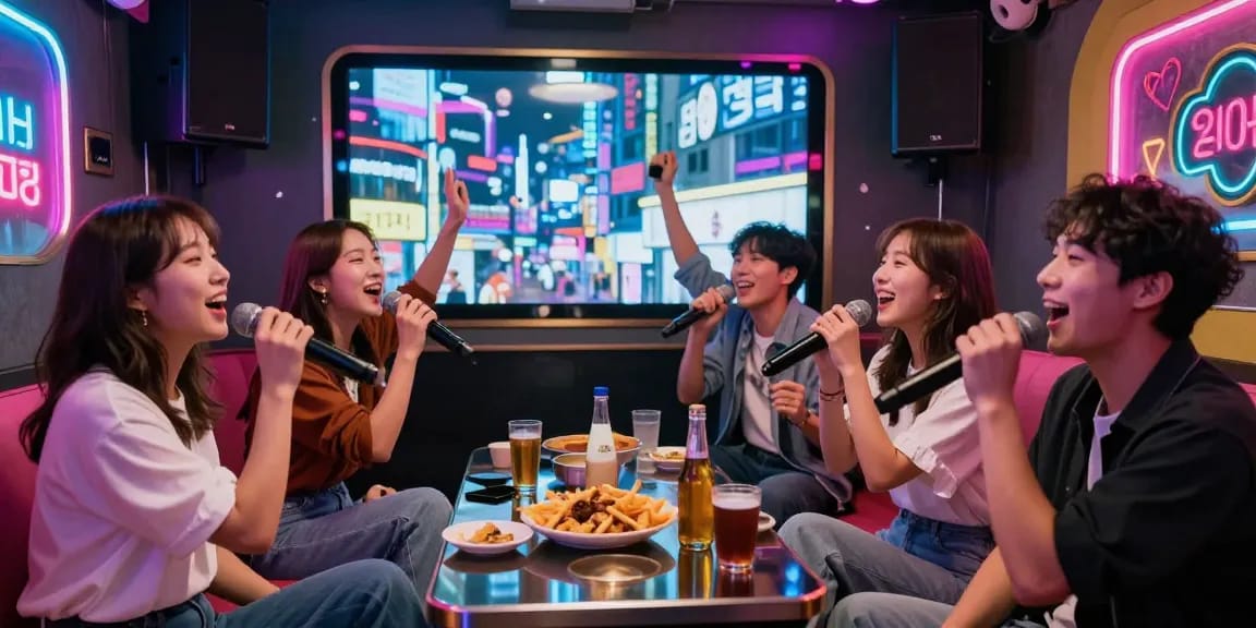 Enjoying 강남가라오케 night with friends in vibrant karaoke room.