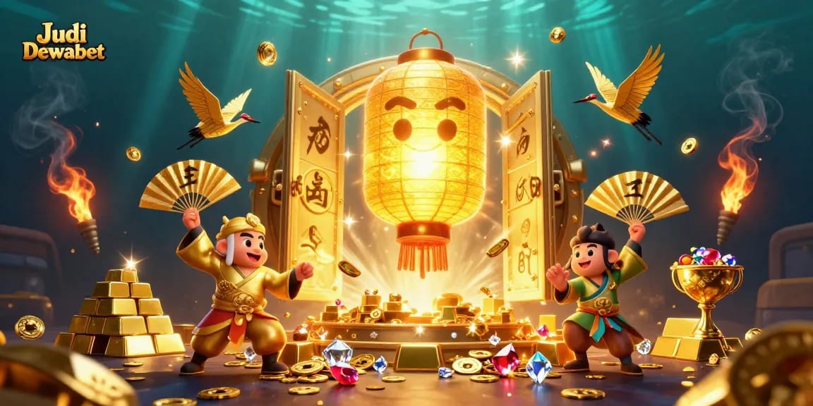 Play casino games with Judi Dewabet's vibrant, gold-filled 3D illustration showcasing luck and wealth.