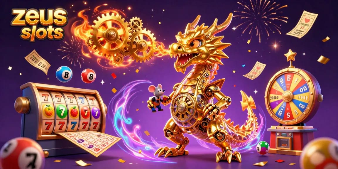 Experience zeus slots excitement as a golden dragon breathes gears in a dynamic casino scene.