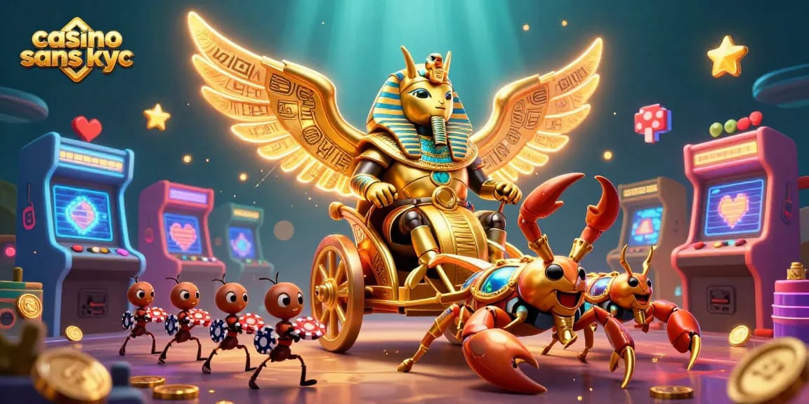 Explorez le casino sans KYC avec un scarabée en or colossal et des machines de jeu colorées.