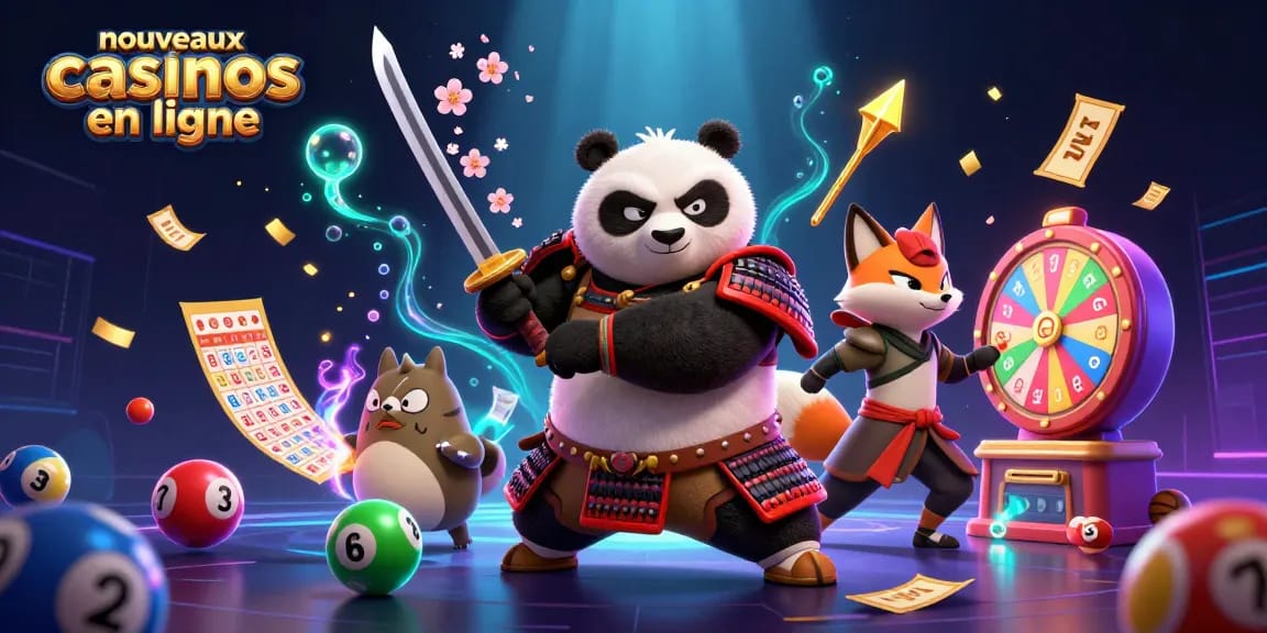 Découvrez les nouveaux casinos en ligne avec l'animation d'un panda samouraï, un renard ninja et des éléments de jeu dynamiques.