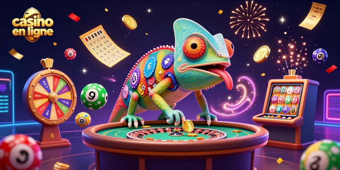 Jouez à casino en ligne avec des jeux de loterie colorés et un caméléon dynamique.
