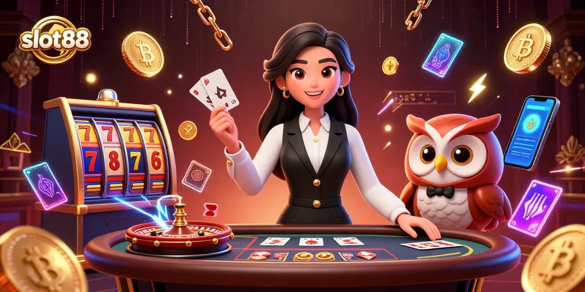 Experience the excitement of slot88 gaming with vibrant Asian dealers and jackpot symbols.