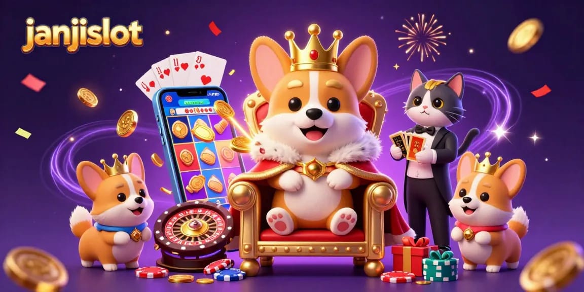 Engage with janjislot through vibrant 3D illustration of royal corgi and cat butler among slot game elements.