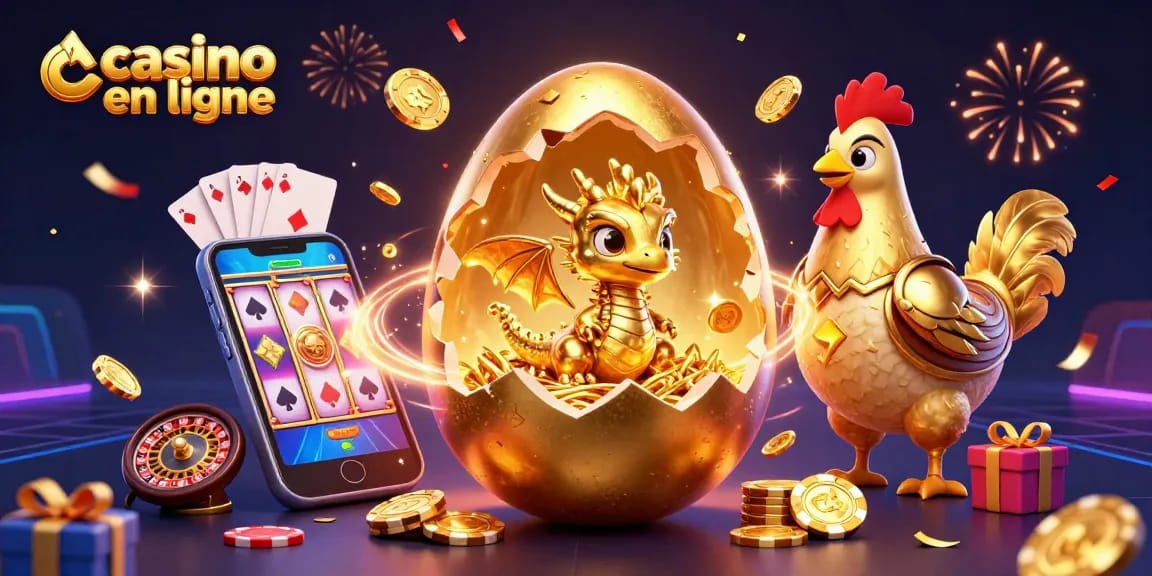 Jouez au meilleur casino en ligne avec une illustration dynamique d'un dragon doré et des jetons de poker.