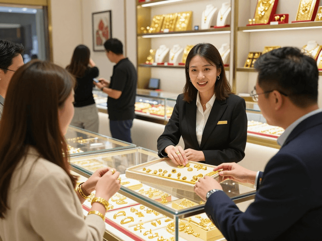 Explore elegant gold jewelry options at https://bahraingoldprices.com/ with professional assistance in a luxurious store setting.