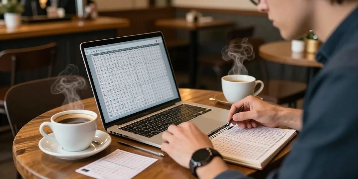 Analisis nomor rejeki dengan laptop di kafe cozy