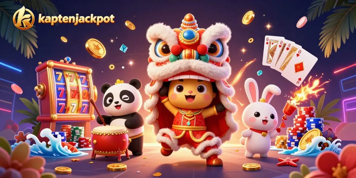 Experience the excitement of kaptenjackpot with a vibrant 3D illustration featuring slot machines and festive characters celebrating